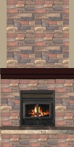 Enerzone fireplace with Centurion Suede Stack Stone with Mahogany mantle