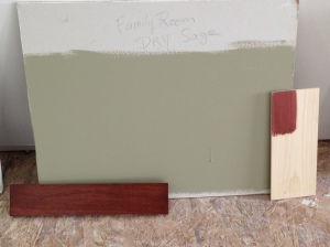 "dry sage" for Family Room along with cabinet sample (on bottom) and trim stain color (on right)